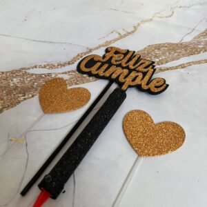 Combo Topper Feliz Cumple y Bengala con Corazones
