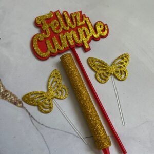 Combo Topper Feliz Cumple y Bengala con Mariposas